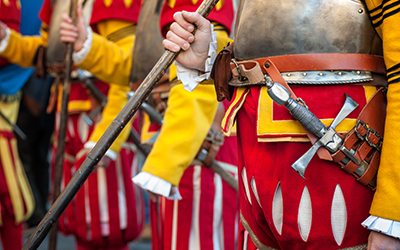 The medieval soldiers in uniform, during an historical reenactment in Florence